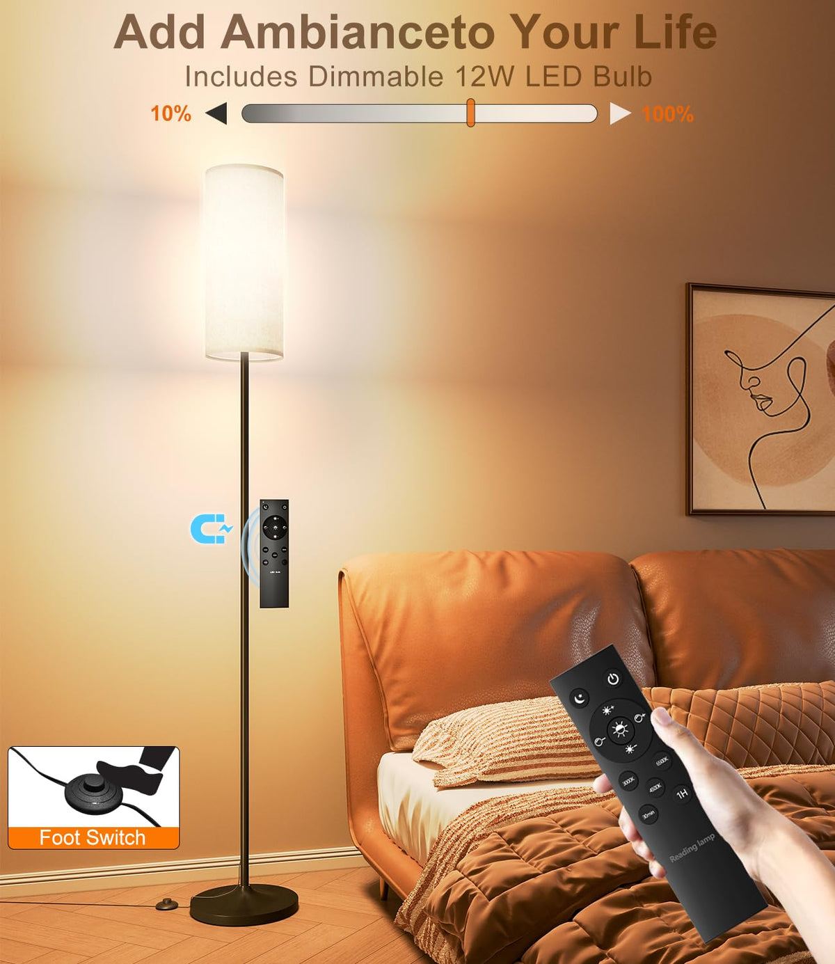luckystyle LED Floor Lamp for Living Room, Dimmable Standing Lamps with Foot Switch,Remote Custom Color Temperature Black Pole Lamp with Lampshade,12W Led Bulb Tall Lamps for Bedroom Office Kid Room luckystyle
