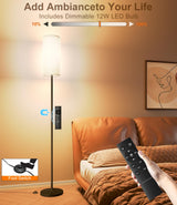 luckystyle LED Floor Lamp for Living Room, Dimmable Standing Lamps with Foot Switch,Remote Custom Color Temperature Black Pole Lamp with Lampshade,12W Led Bulb Tall Lamps for Bedroom Office Kid Room luckystyle
