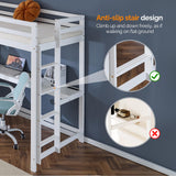 VINGLI Twin Loft Bed with L-Shaped Desk and 3 Storage Drawers, Solid Wood Single Bunk Gamer Bed with RGB LED Light Underneath,2 Charging Stations, White VINGLI