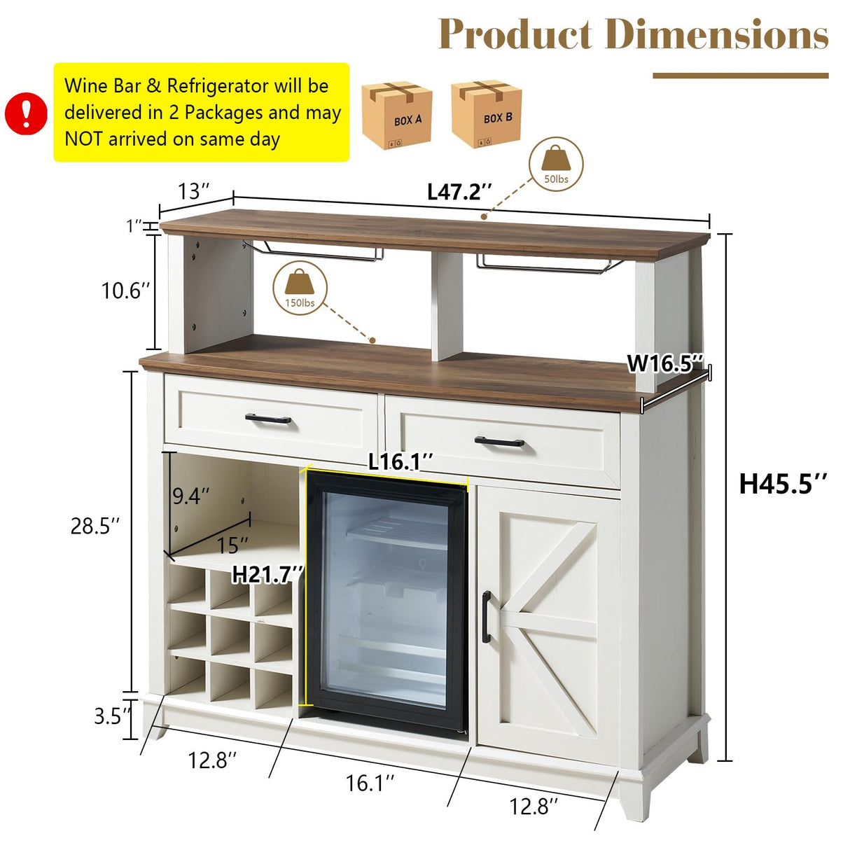 LUXOAK Farmhouse Coffee Bar Cabinet with Beverage Refrigerator Cooler, 47" Rustic Wine Bar Cabinet w/15 Mini Fridge, Barn Door & Glass Racks, Kitchen Hutch Buffet Table w/Drawer, Dining Room, White LUXOAK