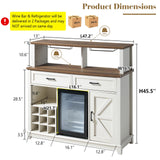 LUXOAK Farmhouse Coffee Bar Cabinet with Beverage Refrigerator Cooler, 47" Rustic Wine Bar Cabinet w/15 Mini Fridge, Barn Door & Glass Racks, Kitchen Hutch Buffet Table w/Drawer, Dining Room, White LUXOAK
