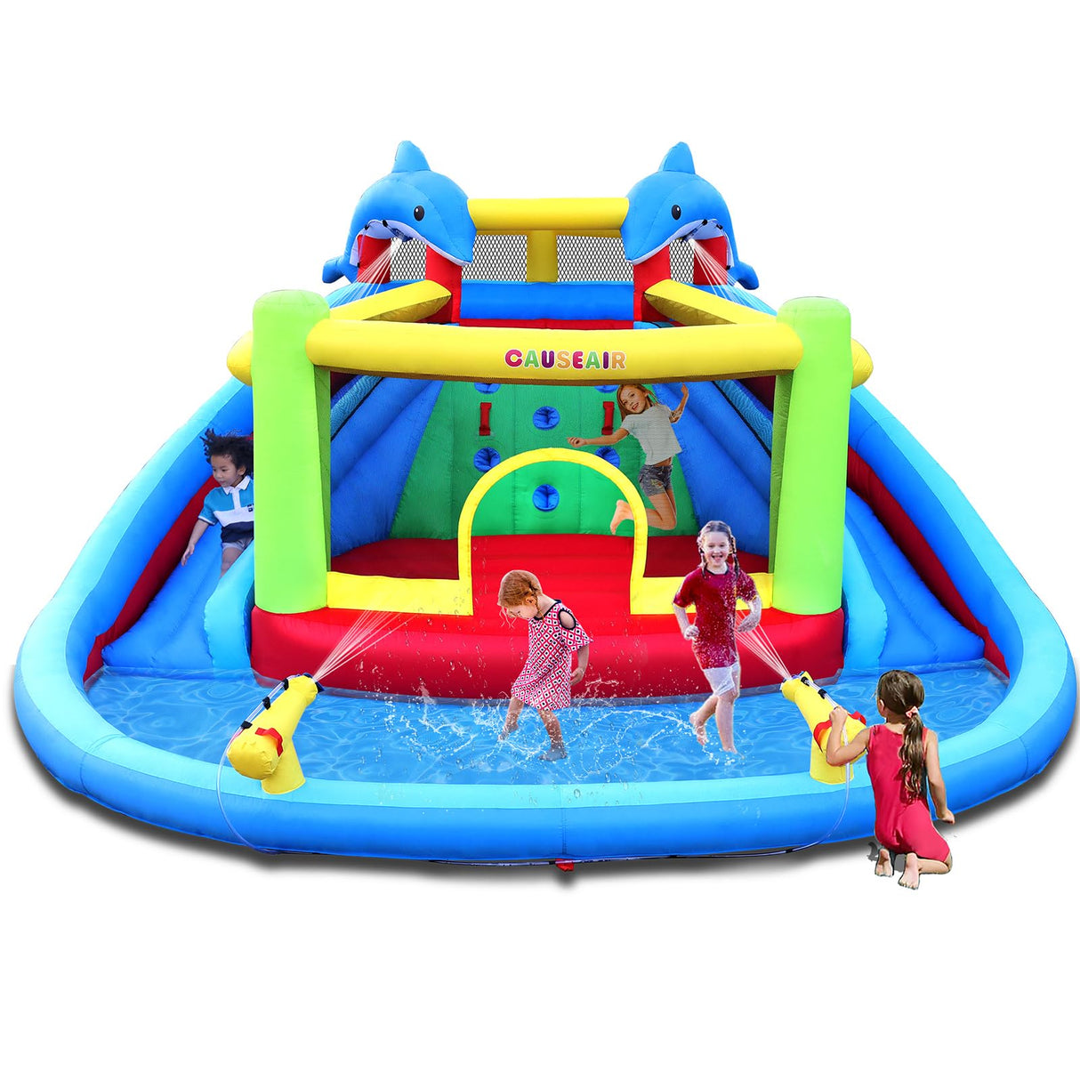 Causeair Inflatable Bounce House with Double Slide,Dolphin Styling,Splashing Pool,Double Water Cannon,Climbing Wall,Heavy Duty GFCI Blower,Inflatable Water Park Slide for Kids Backyard Summer causeair