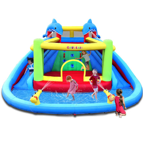 Causeair Inflatable Bounce House with Double Slide,Dolphin Styling,Splashing Pool,Double Water Cannon,Climbing Wall,Heavy Duty GFCI Blower,Inflatable Water Park Slide for Kids Backyard Summer causeair