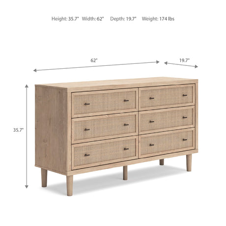 Signature Design by Ashley Cielden Coastal 6-Drawer Dresser, Bronze-Tone Knobs, Safety Stop, Textured Cane Details, 62.01" W x 19.65" D x 35.67" H, Light Brown Signature Design by Ashley