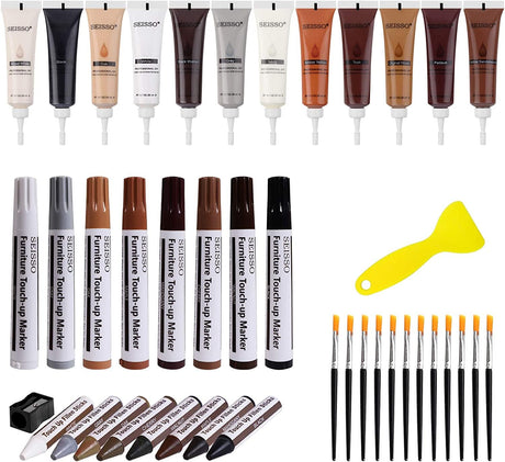 SEISSO Furniture Repair Kit - Set of 42 - Wood Repair Kit Wood Fillers, Furniture Scratch Repair Markers and Wax Sticks with Scraper, Brushes, for SEISSO