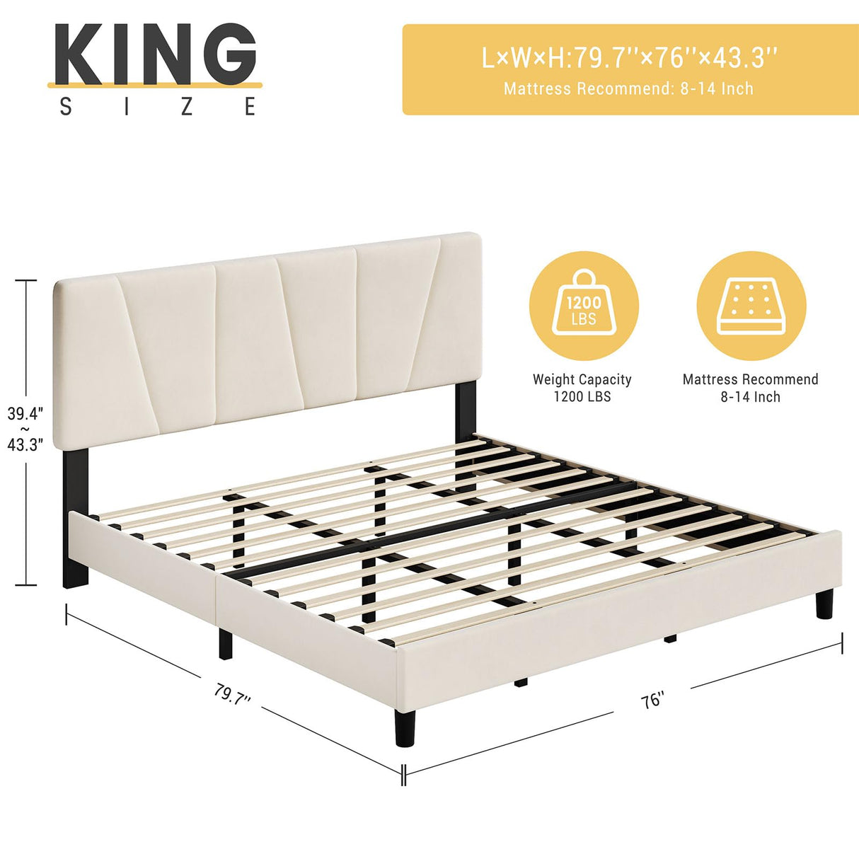 GarveeHome King Size Bed Frame with Adjustable Headboard, Velvet Upholstered Tufted King Platform Bedframe with Strong Wooden Slats, Mattress Foundation, No Box Spring Needed,Easy Assembly,Beige/Cream GarveeHome