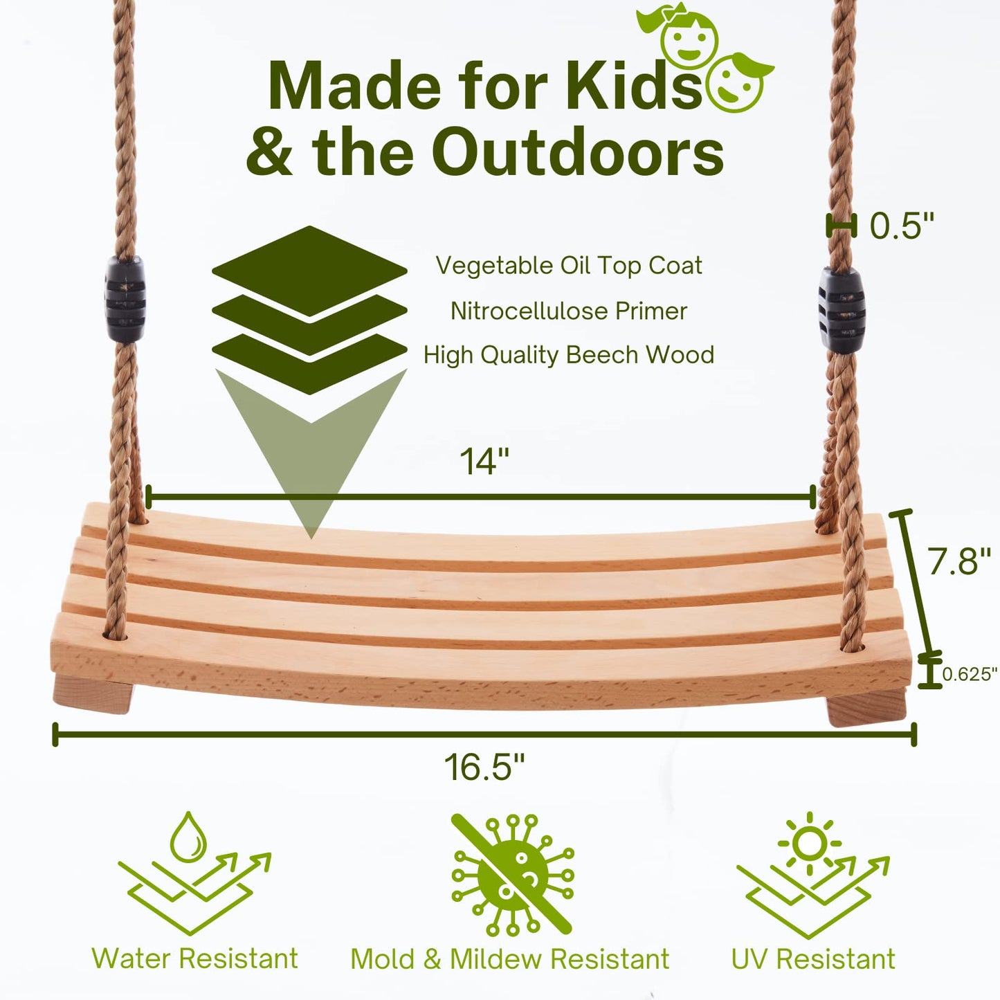 Wooden Tree Swing for Kids - ASTM F1148-21 Certified - Double Coated 16.5”x7.8” Wood Swing Seat for Outside - Weatherproof Adjustable Polyester Ropes - Outdoor or Indoor Kids Tree Swing Set - - WoodArtSupply