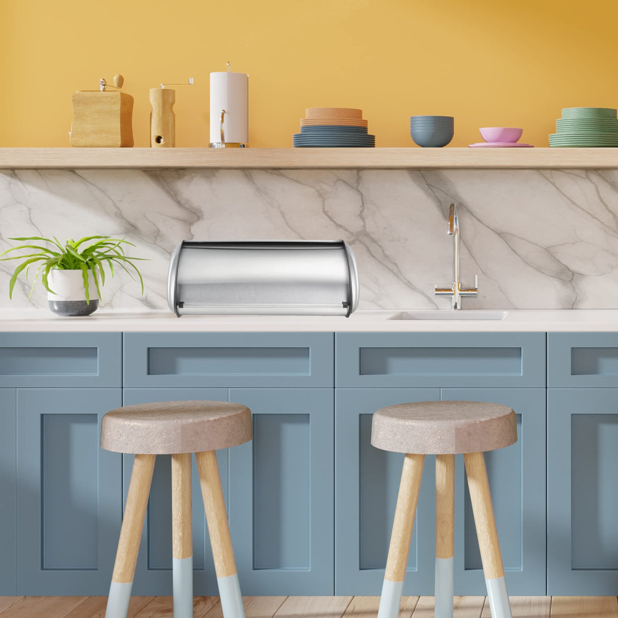 Oggi Stainless Steel Roll Top Bread Box for Kitchen Countertop with Stainless Steel Lid - Fits Multiple Large Loaves of Bread and Other Freshly Baked Goods Including Cookies, Bagels, Muffins Oggi