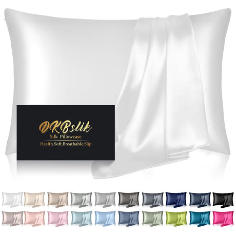 Silk Pillowcase for Hair and Skin, Mulberry Silk Pillow Cases Standard Size, Anti Acne Cooling Sleep Both Sides Natural Silk Satin Pillow Case Covers with Hidden Zipper, Gifts for Women Men, White DKBslik