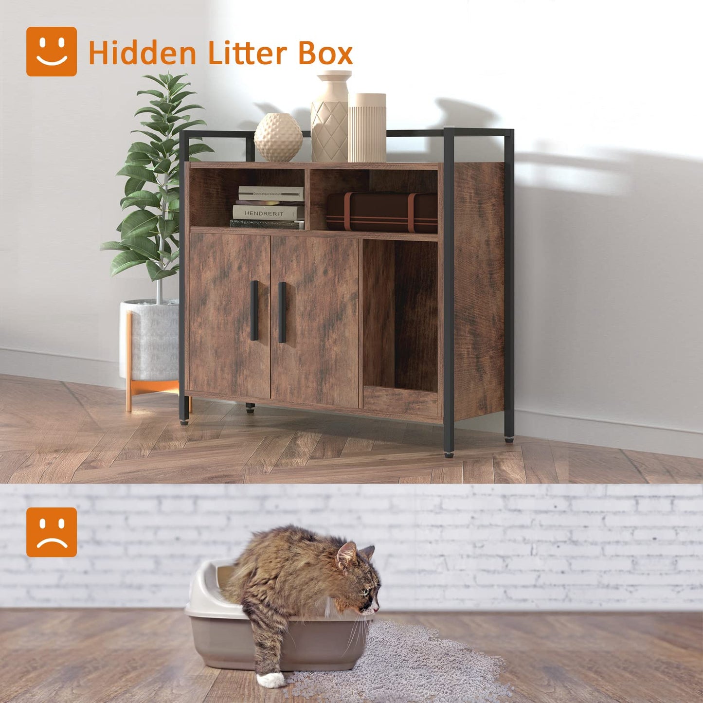 Bonzy Home Cat Litter Box Enclosure, Hidden Litter Box Furniture with Scratch Cat Washroom Storage with Storgae Shelf