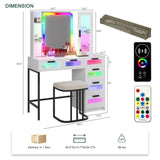 HNEBC RGB Vanity Desk with Mirror and Lights, LED Vanity Makeup Desk with USB/Wireless Charger Station, Vanities Dressing Table Sets with 6 Drawers/Cabins/Stool/Shelves for Bedroom&Cloakroom(White) HNEBC