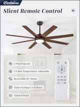 Fanbulous 65 Inch Ceiling Fans with Lights and Remote, Walnut Indoor/Outdoor Ceiling Fan with Quiet Reversible DC Motor, 6 Speeds, 3CCT, 8 Blades Large Ceiling Fan for Living Room Bedroom Patio Fanbulous