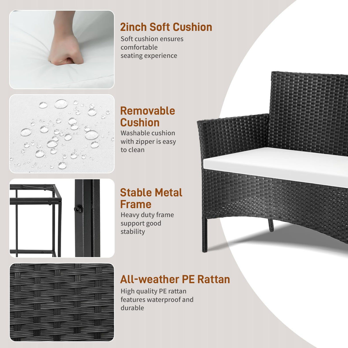 Outvita 4 Pieces Patio Furniture Set, Rattan Conversation Sets with Loveseat Soft Cushion and Glass Table for Garden Backyard Balcony Porch Poolside(Black) Outvita