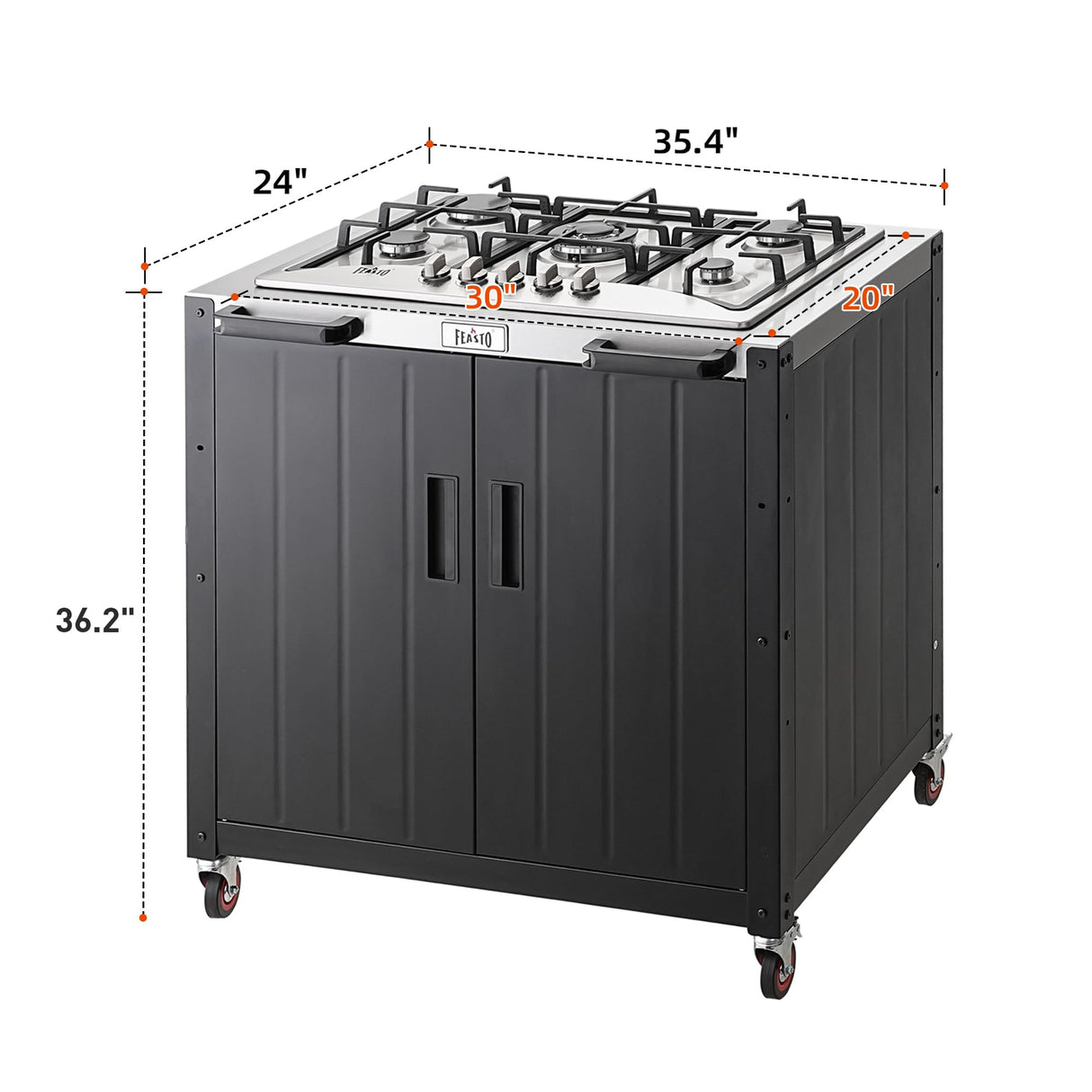 Feasto Gas Grill, Movable Outdoor Gas Stove Stainless Steel Top with Cabinet, 5 Burners with 36,200 BTUs, Outdoor Propane Grill for Outdoor Cooking, Ideal for Lawn & Garden, L35.4” x W24” Feasto