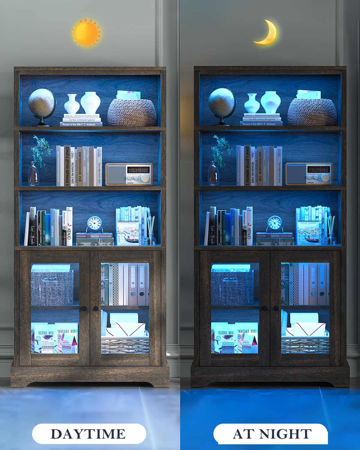 TVU 5-Tier Bookcase with Cabinet & LED, Wood 65 Inch Tall Bookshelf with Storage, Floor Standing Display Book Shelf for Living Room, Office, Study, Entryway (Rustic Brown) TVU