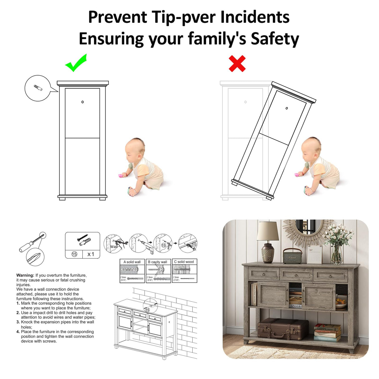 Vabches Farmhouse Entryway Table with Storage, 47" Modern Console Table with Sliding Barn Door & Drawers, Wood Rustic Sofa Table for Living Room, Entryway, Hallway, Washed Grey Vabches