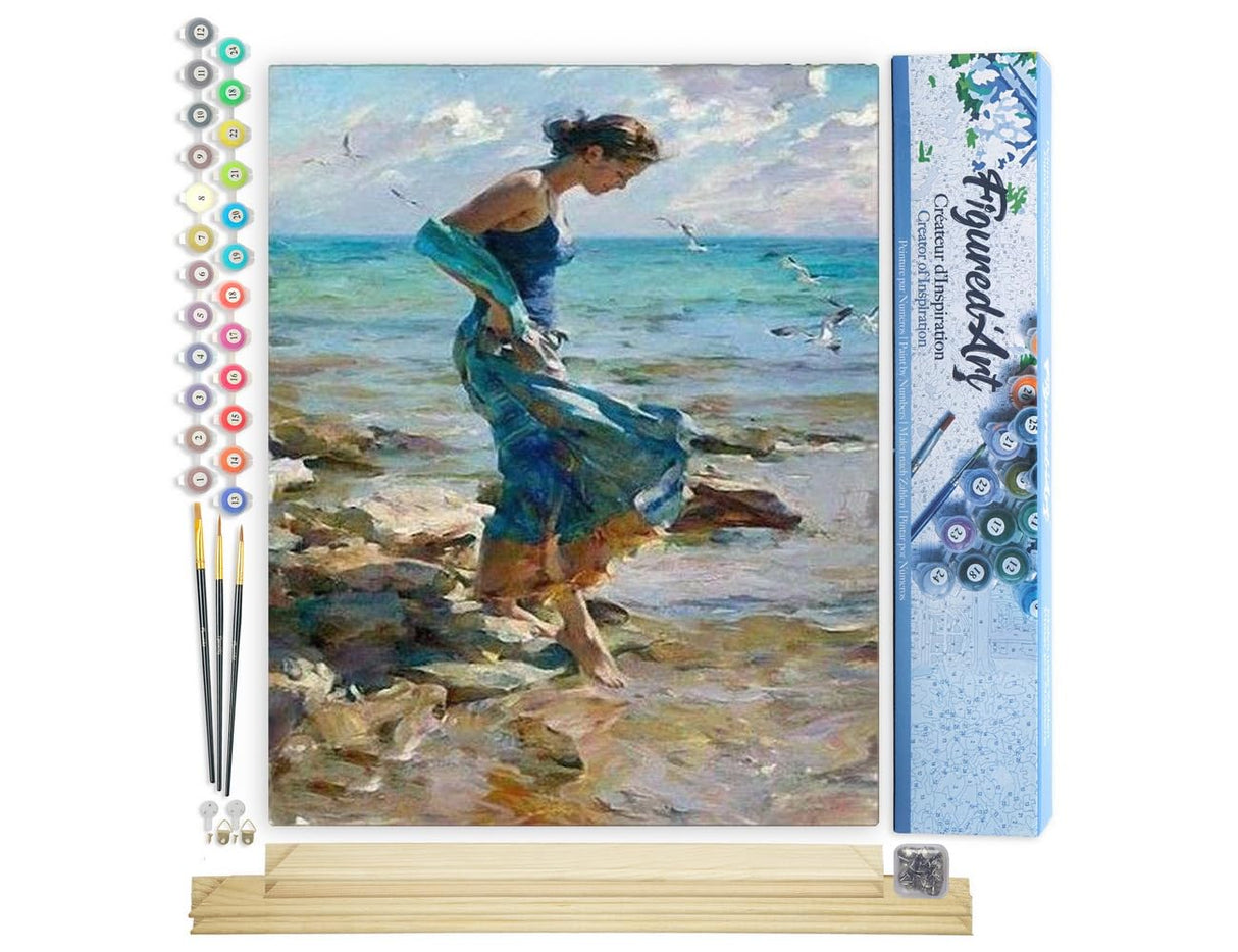 Figured'Art Paint by Numbers Kit for Adults Feet in Water During Summer 16"x20" - Craft Art Painting Rolled Canvas with DIY Wooden Frame Figured'Art