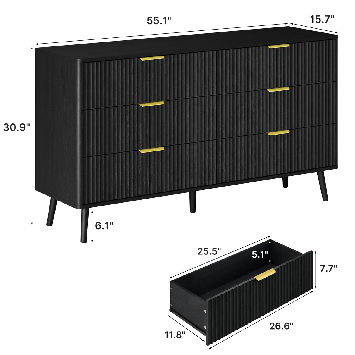 LYNSOM 6 Drawers Fluted Dresser for Bedroom, 55" Wide Modern Chest of Drawers with Metal Handle and Curved Profile Design, Dresser TV Stand, Wood Drawer Organizer for Living Room, Hallway, Black LYNSOM