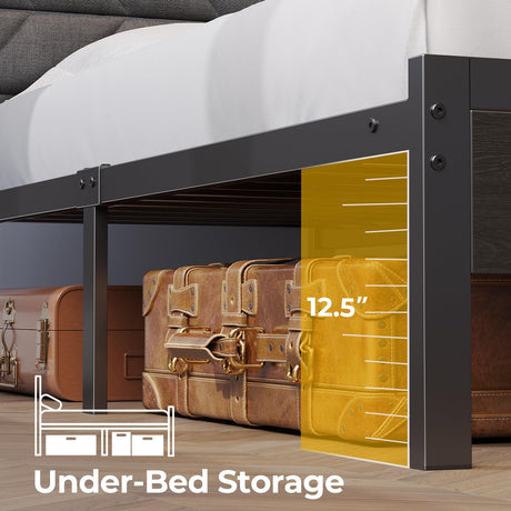Seventable Bed Frame Twin Size with Charging Station, LED Bed with Upholstered Storage Headboard, Metal Platform Bed with Under Bed Storage, No Box Spring Needed, Noise Free, Easy Assembly, Grey Seventable
