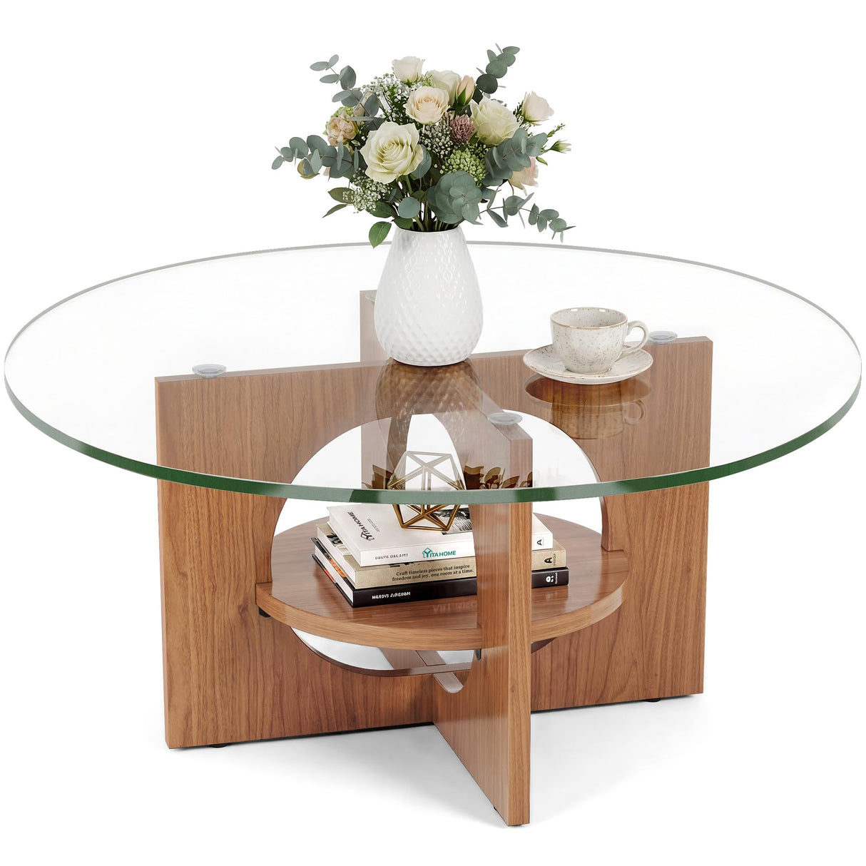 YITAHOME Round Coffee Table, 2-Tier Glass Coffee Tables with Storage, Multi-Purpose Modern Center Table or Cocktail Table for Living Room, Office, Lounge, Walnut YITAHOME