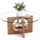 YITAHOME Round Coffee Table, 2-Tier Glass Coffee Tables with Storage, Multi-Purpose Modern Center Table or Cocktail Table for Living Room, Office, Lounge, Walnut YITAHOME