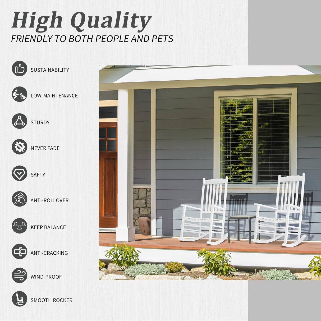 Outvita Outdoor Rocking Chair, Solid Wood High Back Rocker, All Weather Lounge Chair for Porch Patio Fire Pit Garden Backyard Deck Indoor, Wave Shape, White Outvita