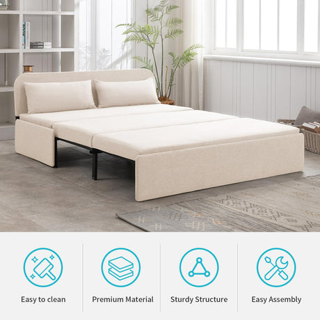 CECER Queen Size Pull Out Sofa Bed With 2 Pillows, Linen Convertible Sleeper With Comfy Mattress, 2 in 1 Armless Loveseat for Small Space-Beige CECER