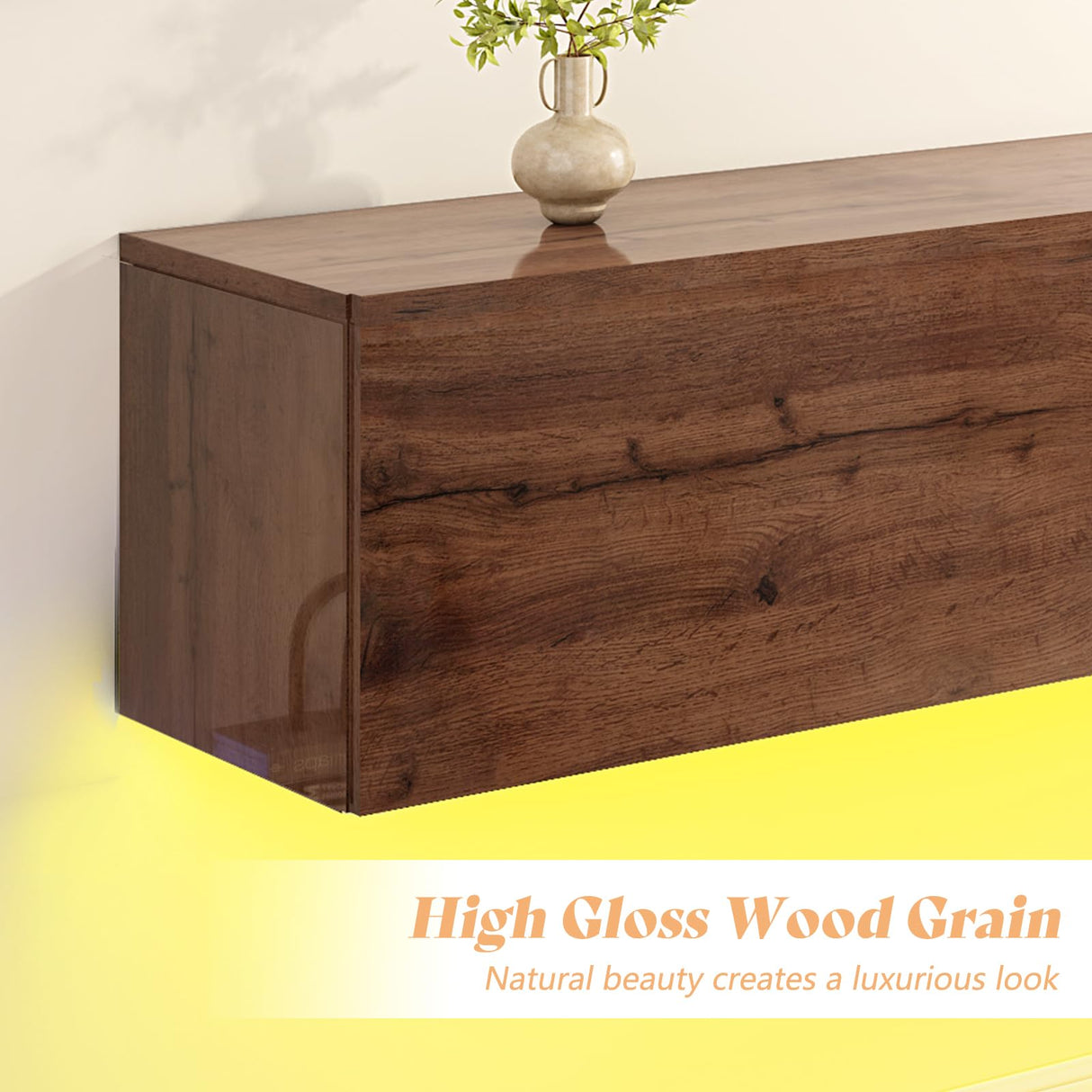 AMERLIFE 70" Floating TV Stand with LED Lights and Power Outlet, High Gloss Wooden Texture Wall Mounted Entertainment Center with Doors, Media Console for TVs Up to 80", Espresso AMERLIFE