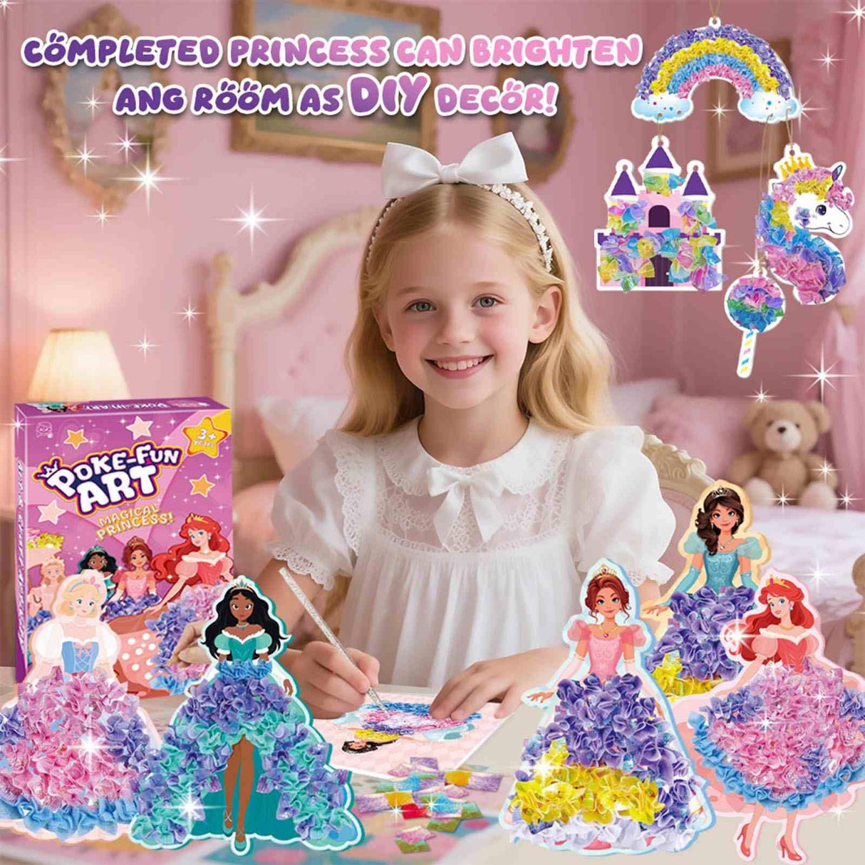 QLKYTALA Poke Poke Art Kits for Girls - Arts and Crafts for Kids 4-8 - 4 5 6 7 8 Year Old Girl Birthday Gifts - Princess Dress-Up DIY Creative Activity Toys QLKYTALA