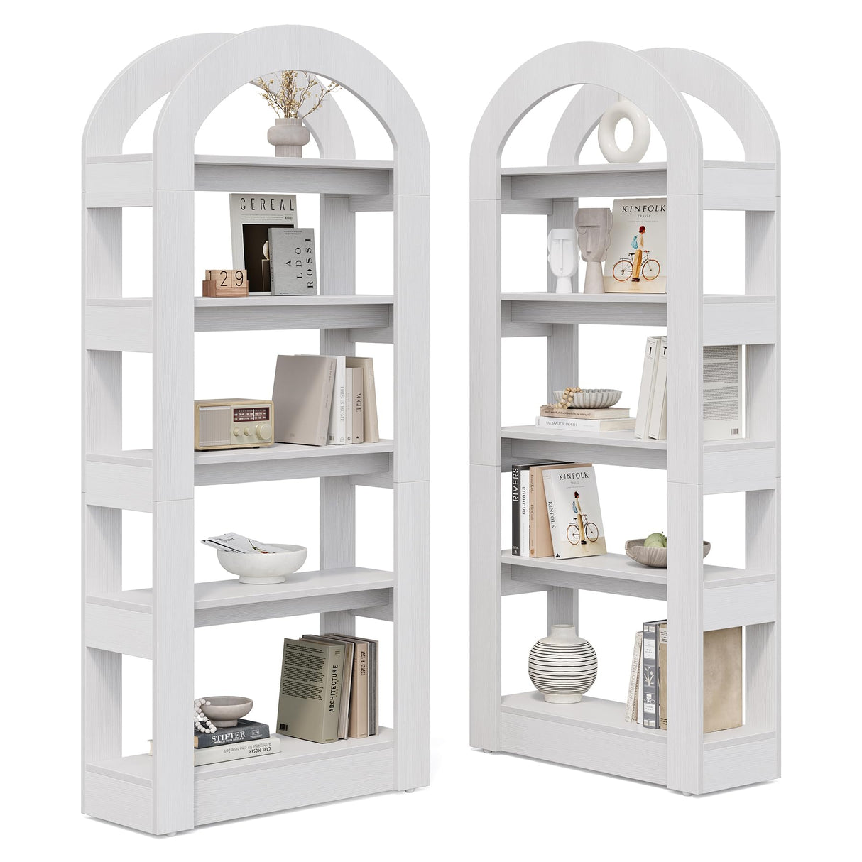 LITTLE TREE 5-Tier Bookshelf, Arch-Shaped Racks, Tall Standing Wooden Bookcase Display Shelf Modern Storage Solution (2, White) LITTLE TREE