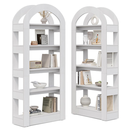 LITTLE TREE 5-Tier Bookshelf, Arch-Shaped Racks, Tall Standing Wooden Bookcase Display Shelf Modern Storage Solution (2, White) LITTLE TREE