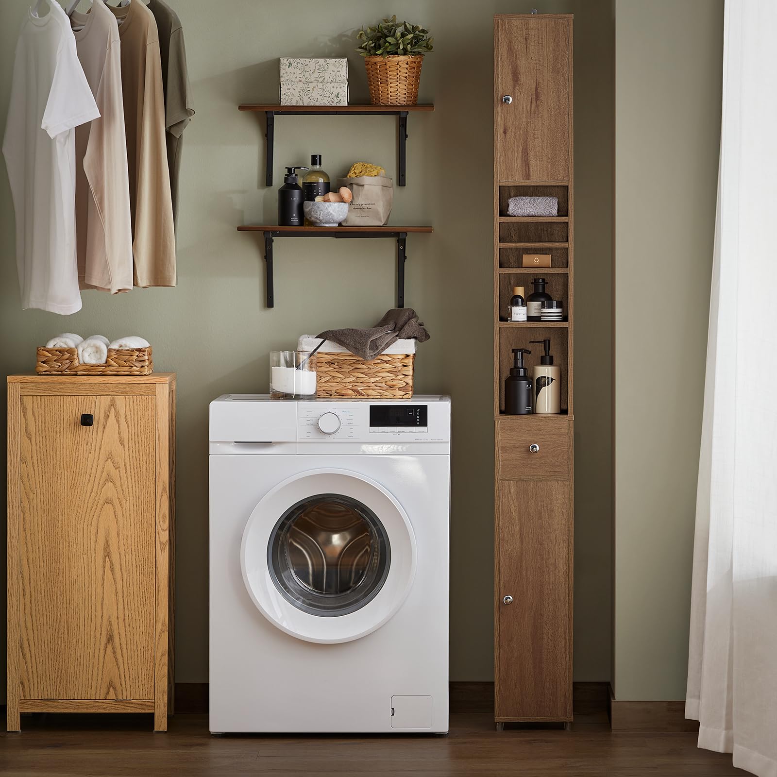 SoBuy Natural Bathroom Tall Cabinet with Drawer, Doors, and Adjustable Shelves - WoodArtSupply