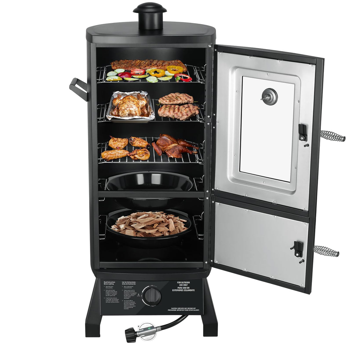 Vertical Propane Smoker with Temperature Control, BBQ Smoker Grill with Cover Outdoor Heavy Duty Three Removable Smoking Shelves, Black PIQUEBAR