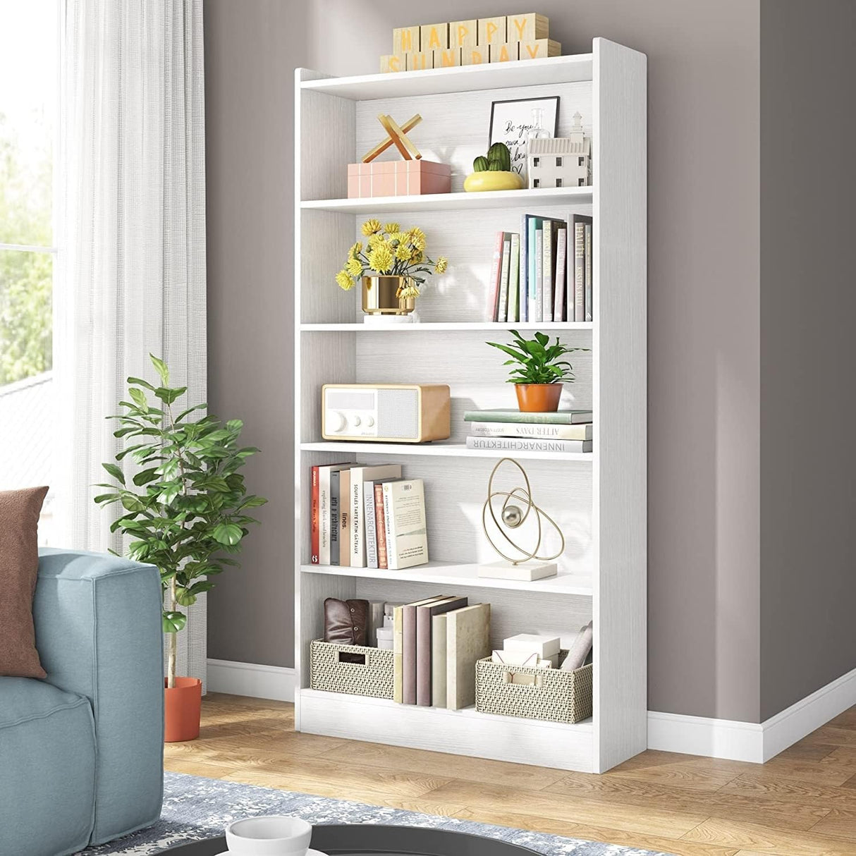 6-Tier Tall White Bookshelf - Classic Open Bookcase for Versatile Storage Overstock