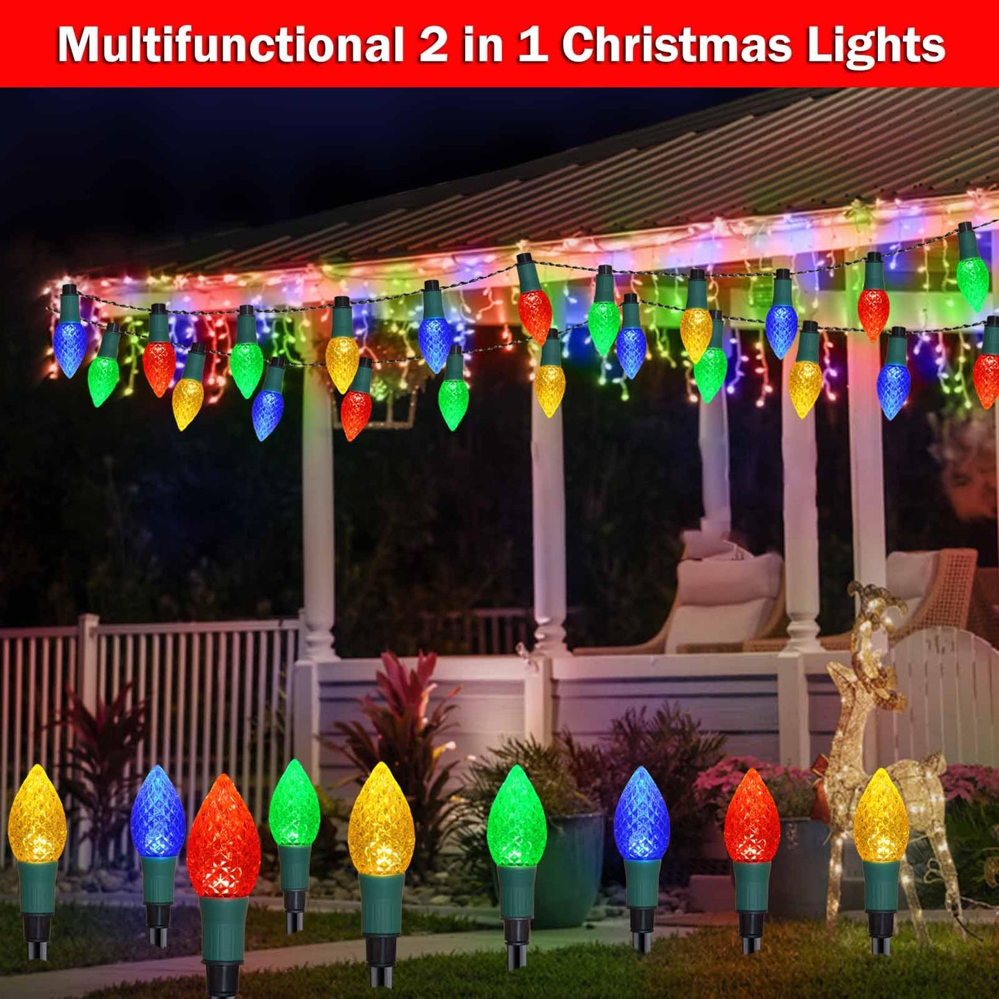 Newest Version 2 in 1 Outdoor Christmas Decorations and Solar Christmas Lights, 20-Pack Waterproof Solar C9 Strawberry Christmas Garden Stake Lights for Christmas Tree Garden Patio Yard Pathway