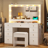 Hasuit Makeup Vanity Desk with Large Lighted Mirror and 9 Drawers, Large Vanity Desk with Storage Rack, Hook, Crystal Handle, White Bedroom Vanity Table Set with Charging Station, Lights Adjustable Hasuit