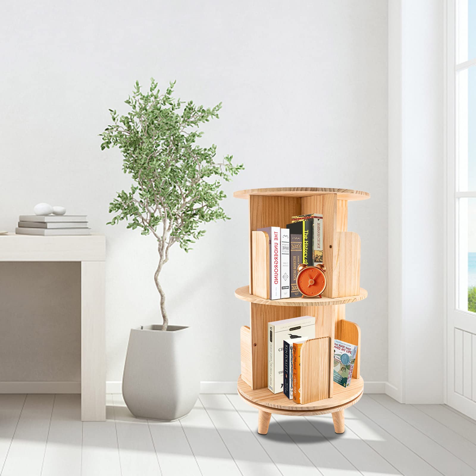 GNJINX 2-Tier Rotating Solid Wood Bookshelf - Multi-Functional Display & Storage Rack - WoodArtSupply