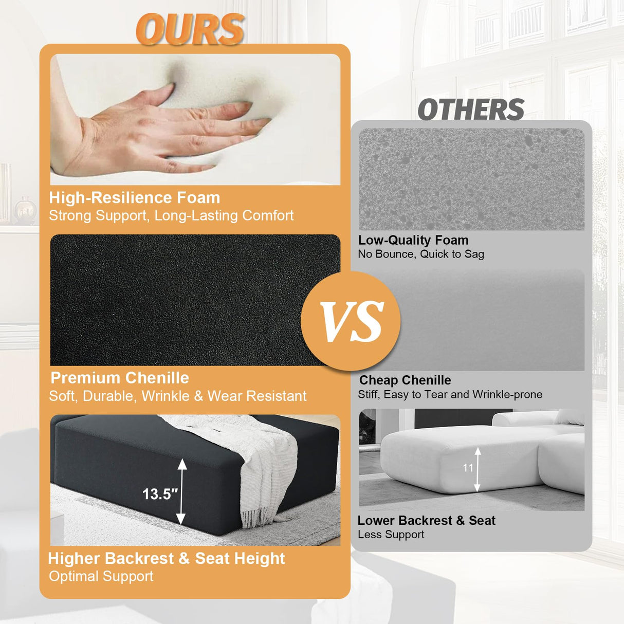 MJQFVM 132'' Oversized Cloud Couch, Upholstered Modular Sectional Sofa with 6 Pillows, Deep Seat Chenille Couches for Living Room, Free Combination, No Assembly Required (Black) MJQFVM