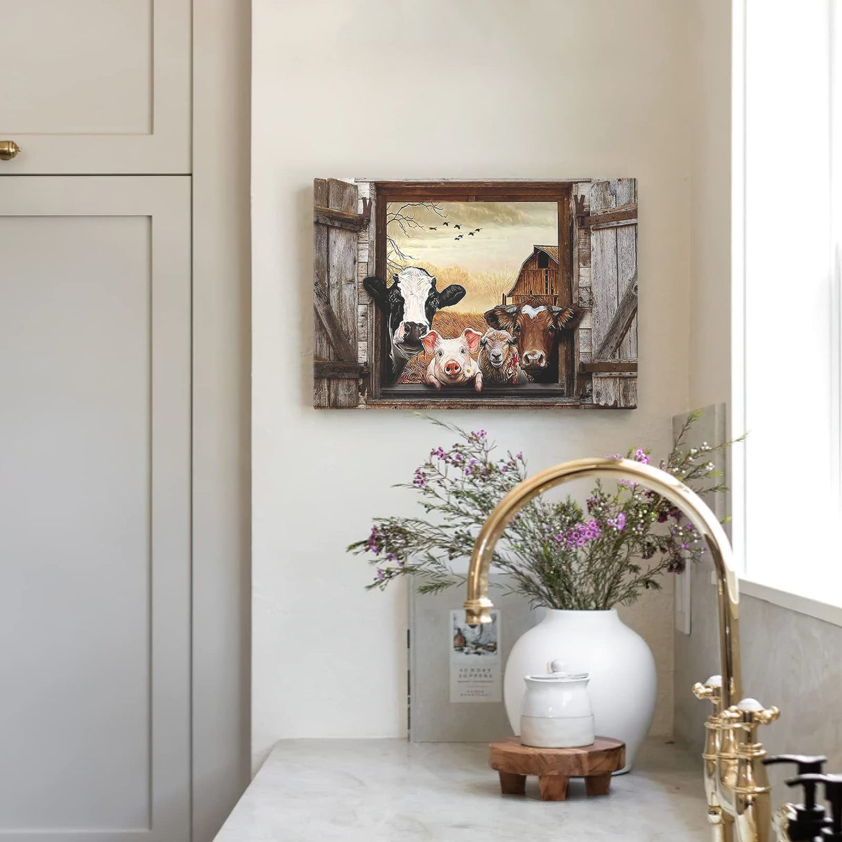 Kasluolo Farmhouse Animals Cow in Fake Window Wall Art Farmhouse Animals Landscape Picture Country Painting Wall Décor for Bathroom Bedroom Office Framed Artwork 12x16 inch Kasluolo