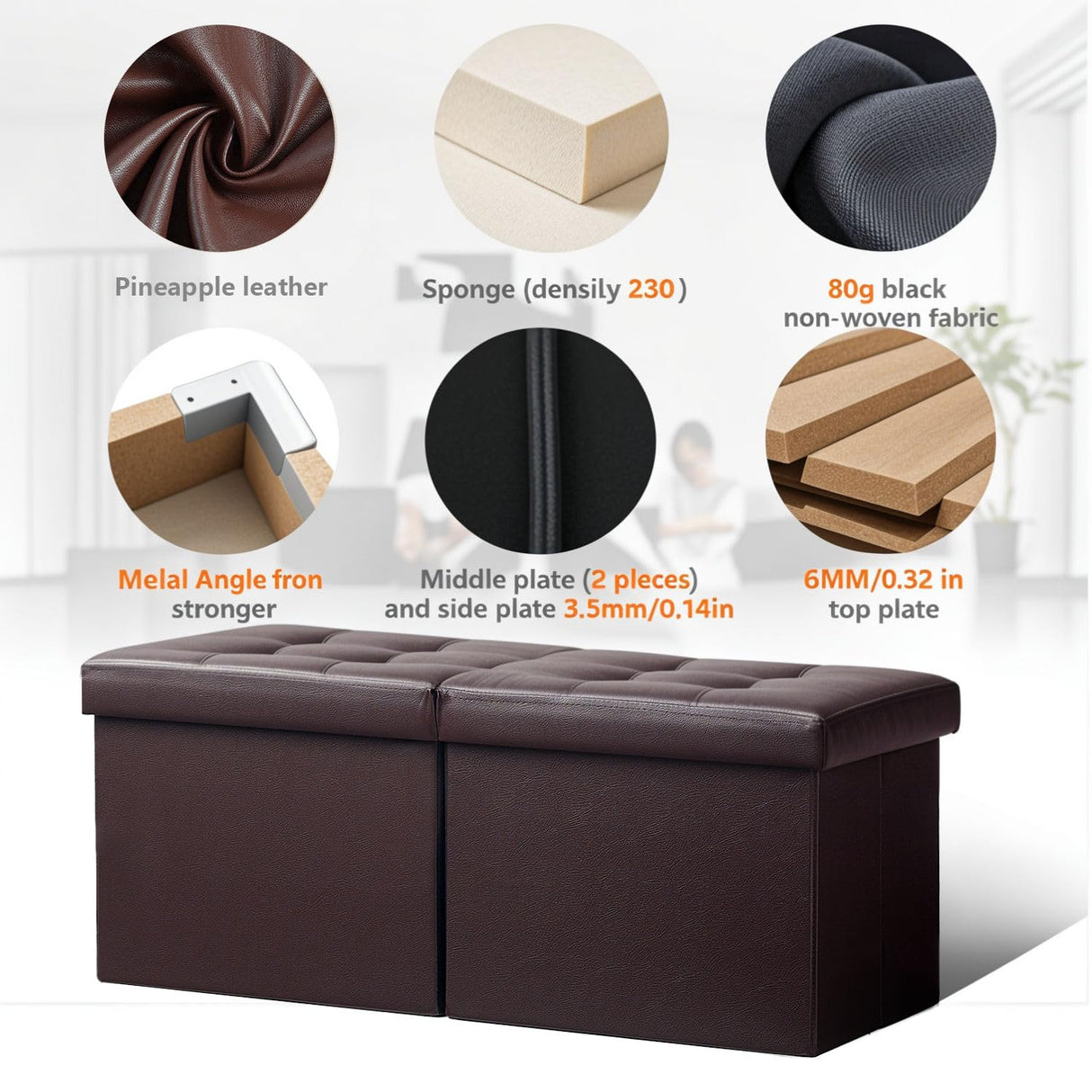 AmasSmile Footrest Ottoman Bench with Storage,34Inch Brown Leather Footstool, Coffee Table, Padded Seat, Storage Chest,Blanket Store with Flipping Lid for Livingroom and Bedroom AmasSmile