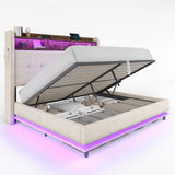 Jocisland Queen Size Bed Frame with Hydraulic Lift Up Storage, 53.1" H Built-in Bookcase & RGB LED Headboard, Velvet Upholstered Wingback Design, No Box Spring Needed, Cream Jocisland