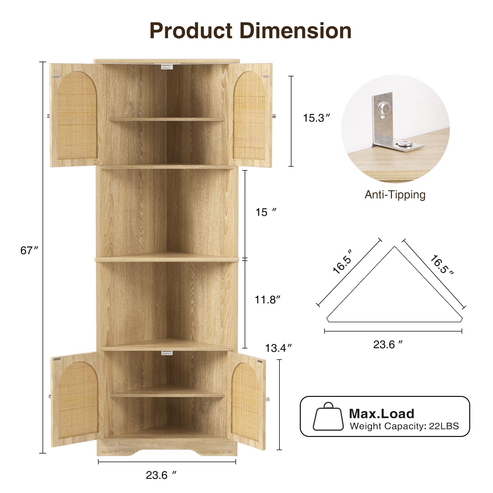 FiveWillowise 67''H Tall Corner Cabinet with Handmade Rattan Door, Rattan Storage Cabinet with Adjustable Shelves, Corner Bookshelf Space Saver for Barthroom, Kitchen, Natural - WoodArtSupply