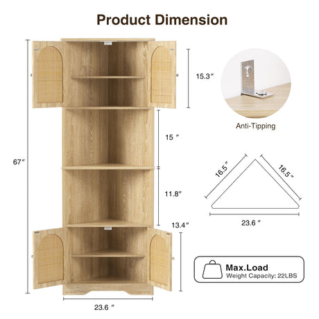 FiveWillowise 67''H Tall Corner Cabinet with Handmade Rattan Door, Rattan Storage Cabinet with Adjustable Shelves, Corner Bookshelf Space Saver for Barthroom, Kitchen, Natural FiveWillowise