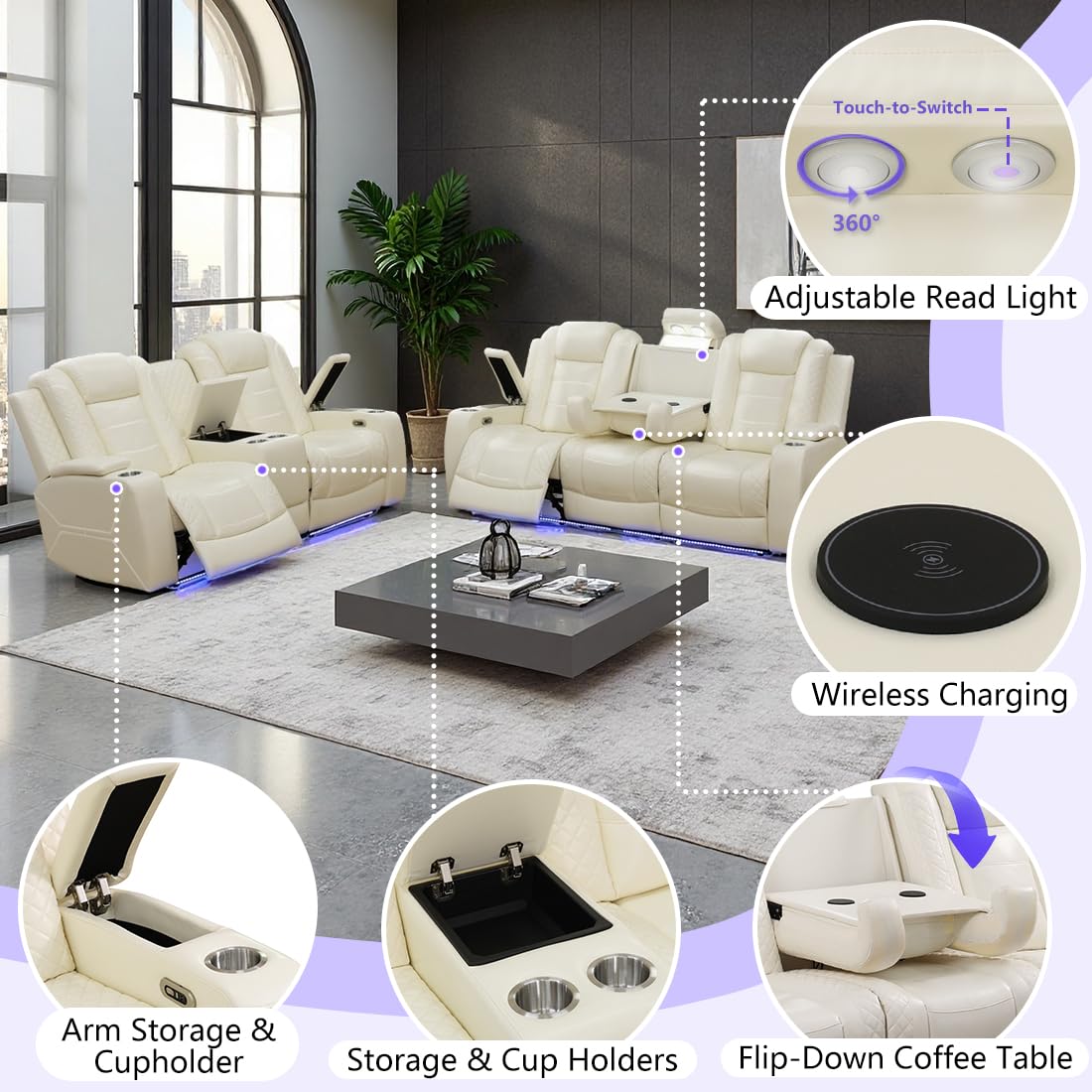 Anthato Power Recliner Sofa Set, Living Room Furniture Sets, Cream White Leather Reclining Sofa Set, Recliner Couch Loveseat and Chair with Storage/Cup Holders/Charging Port for Home Theater/Office Anthato