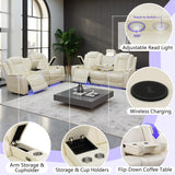 Anthato Power Recliner Sofa Set, Living Room Furniture Sets, Cream White Leather Reclining Sofa Set, Recliner Couch Loveseat and Chair with Storage/Cup Holders/Charging Port for Home Theater/Office Anthato