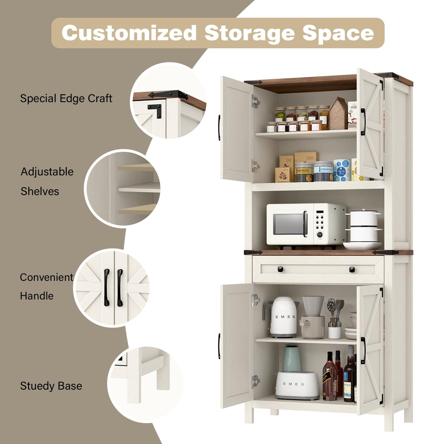 69" Farmhouse Storage Cabinet with Drawer, 6-Tier Tall Kitchen Pantry Cabinet, Large Wood Storage Cabinet with 4 Barn Doors and Adjustable Shelves, Cabinet with Storage for Living Room, Kitchen