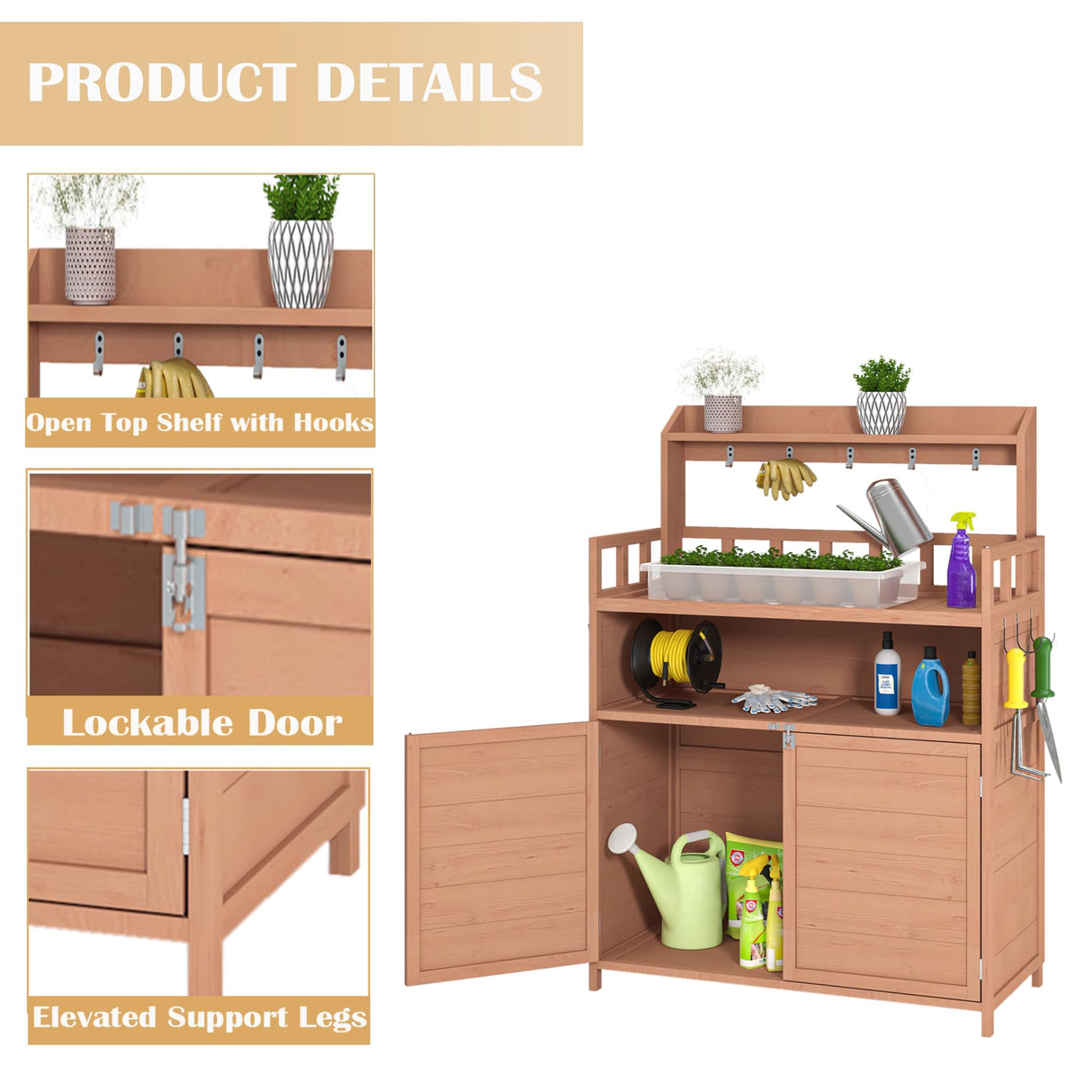 GFDGFD Outdoor Potting Bench with Storage Cabinet & Top Shelf - Solid Fir Wood Garden Planting Workstation, Waterproof Workbench for Gardening, Patio, and BBQ GFDGFD