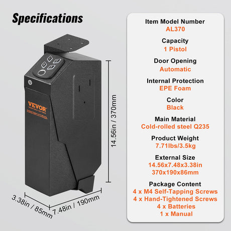VEVOR Mounted Gun Safe for Pistols, Biometric Gun Safe with Three Quick Access Ways of Fingerprints, Passwords and Keys, Handgun Safe for 1 Pistol for Home, Bedside, Nightstand, Wall VEVOR