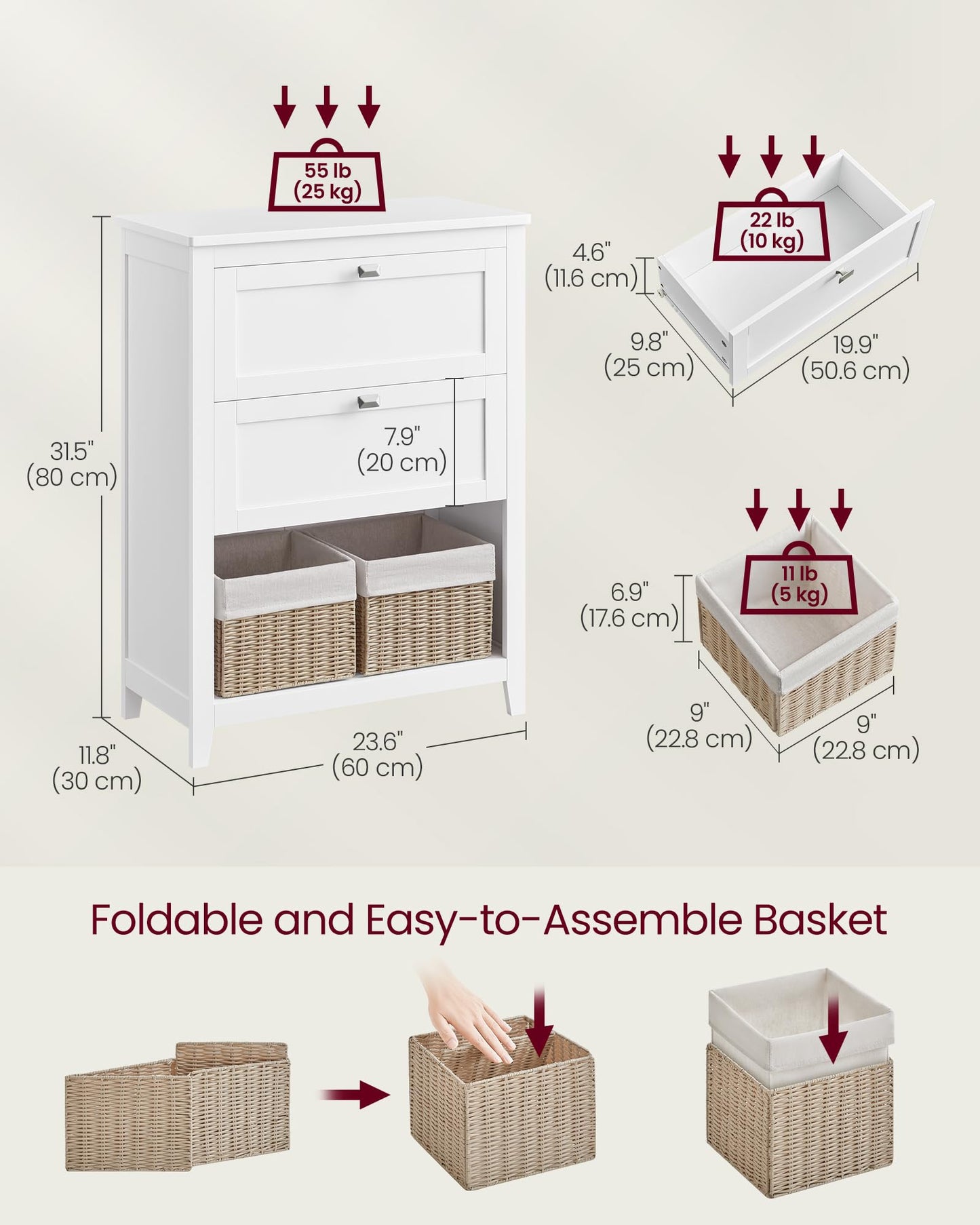 VASAGLE Bathroom Cabinet, Storage Cabinet and Bathroom Organizers, 2 Drawers with 1 Set of Adjustable Divider, 2 Baskets, Sideboard, 11.8 x 23.6 x 31.5 Inches, Cloud White UBBC545W02