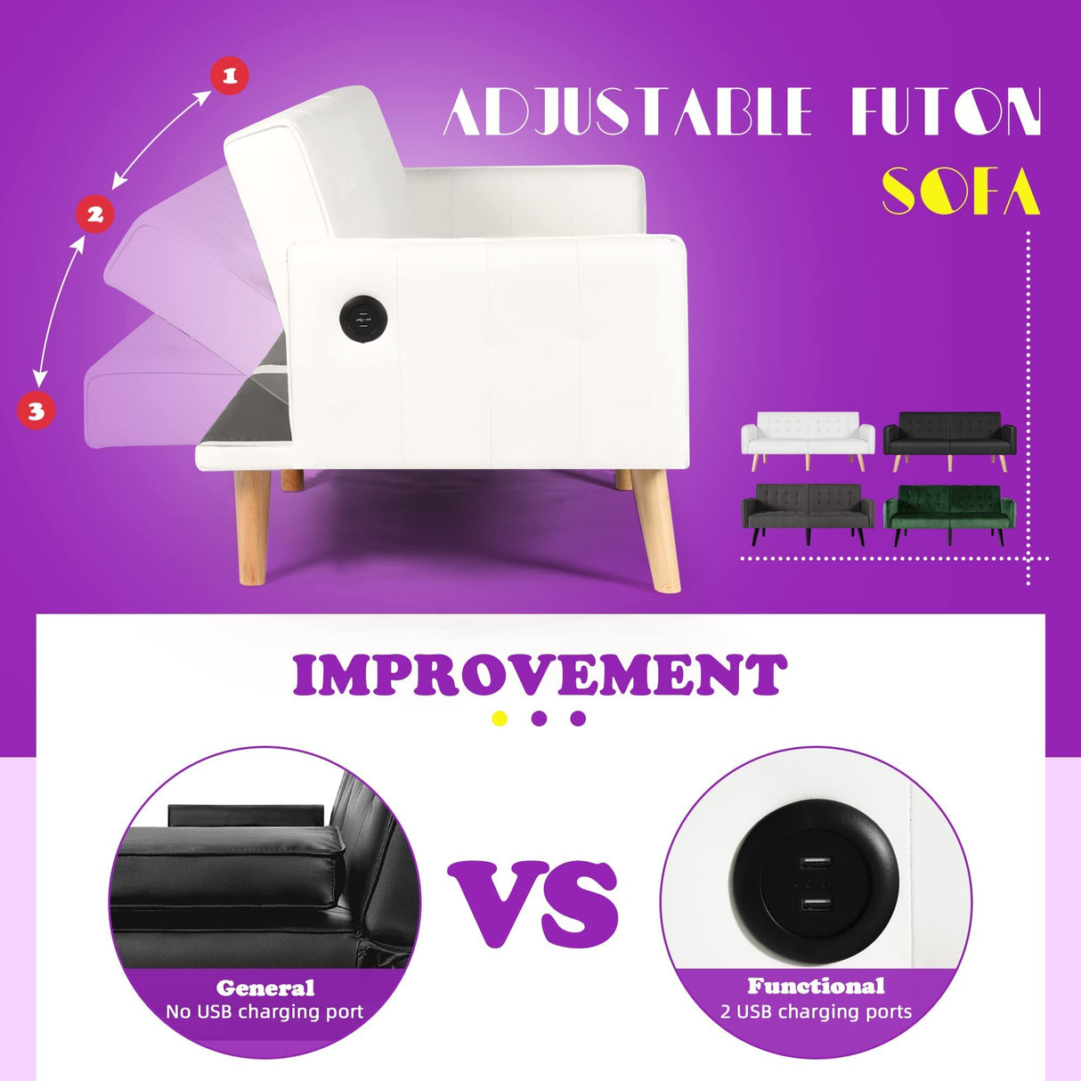 TYBOATLE Modern Faux Leather Upholstered Convertible USB Folding Futon Sofa Bed, 65" Couch, Love Seats Furniture for Small Space Configuration, Apartment, Dorm, Living Room, Office (White) TYBOATLE